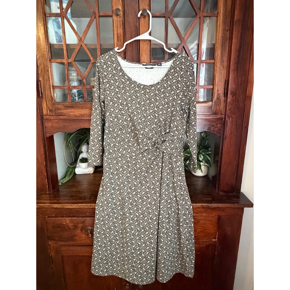 Lands End Women Green Paisley Print 3/4 Sleeve Knot Front Jersey Dress Small